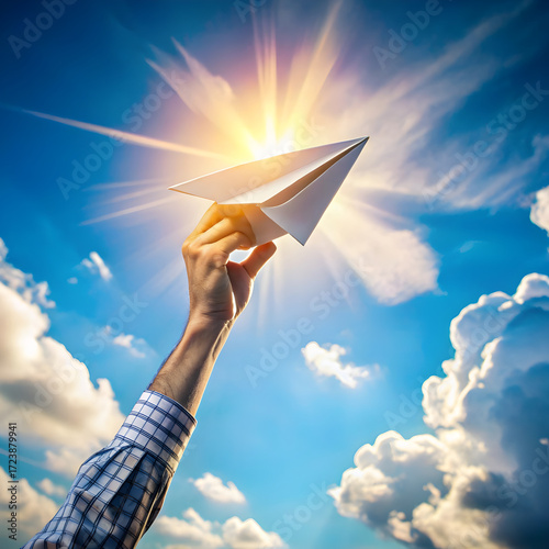 Hand holding a white paper airplane raised toward the bright sun with glowing rays and blue sky, symbolizing creativity, dreams, freedom, and future aspirations