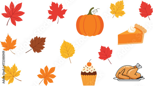 Autumn Harvest Feast Featuring Pumpkin Pie Roasted Turkey and Colorful Fall Leaves Seamless Vector Illustration Perfect for Thanksgiving Decorations or Seasonal Greetings Cards