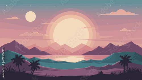 Pastel Sunset Over Ocean with Mountain Scenery