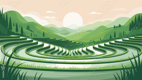 Rice Terraces Green Hills Sunrise Landscape Vector Illustration