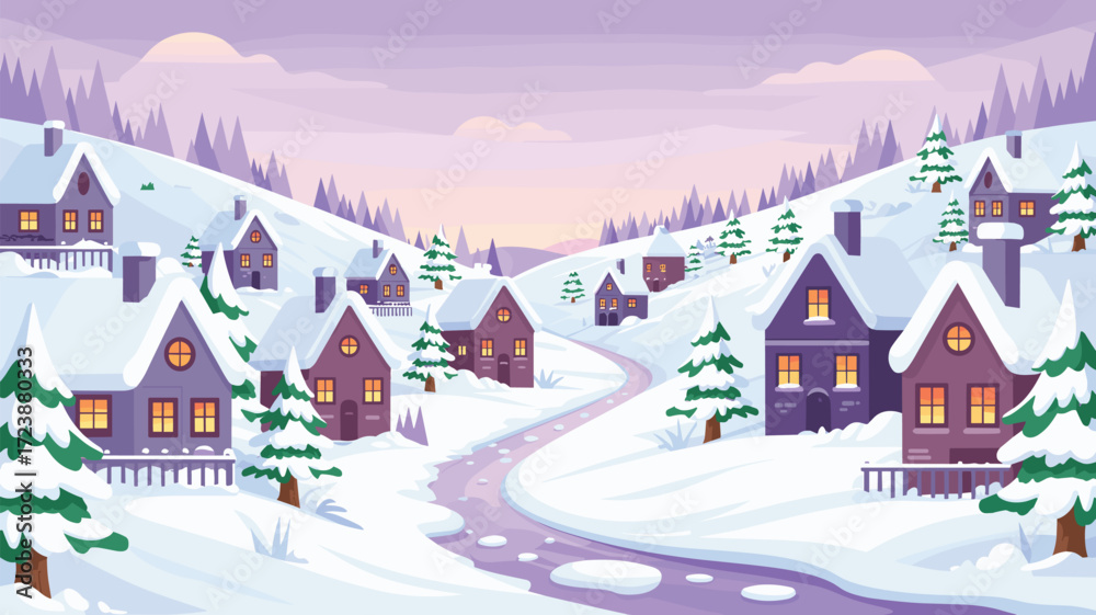 Fototapeta premium Snowy Village Cartoon Scene Winter Landscape Illustration