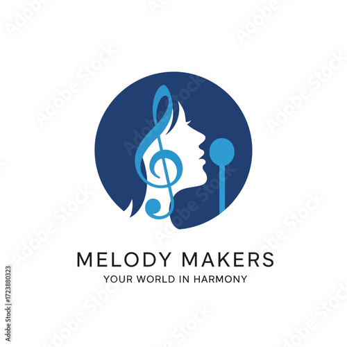 Logo featuring a woman's silhouette with a musical note and microphone, representing music and harmony.