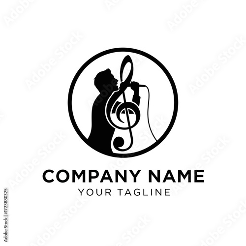 Silhouette of a singer with a treble clef in a circle logo.
