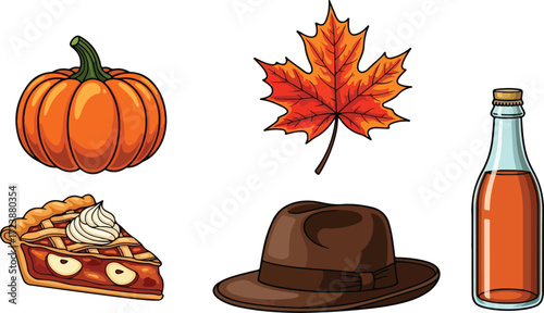 Autumn themed vector illustration with pumpkin maple leaf pie hat and cider bottle representing the fall season and harvest festival elements