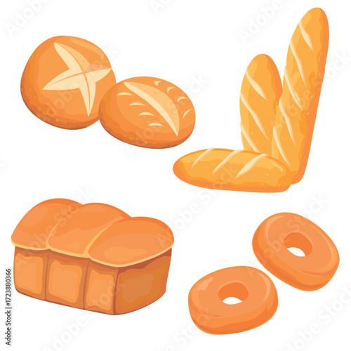 Illustration vector graphic design of different type bread. Baguette, Sourdough, Ciabatta, Brioche, Bagel. Can be used for a bakery menu, pastry icon, Pattesirie logo or decoration, sticker, etc.