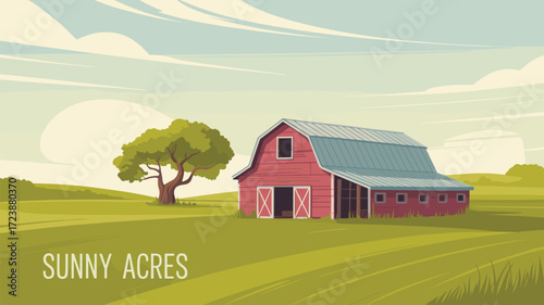 Sunny Acres Farm Landscape Countryside Barn Field Tree Vector Design