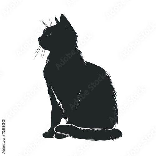 Black silhouette of a seated cat in a stylized drawing.