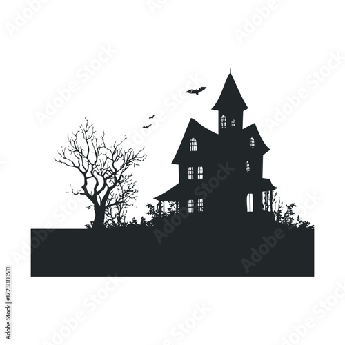 Silhouette of a spooky mansion, dead tree, and flying bats.