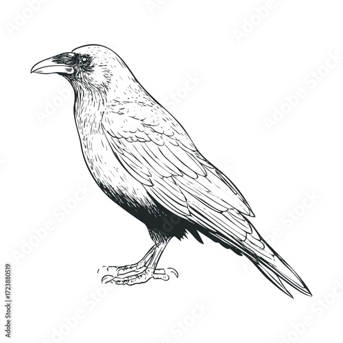 Detailed monochrome sketch of a crow or raven.