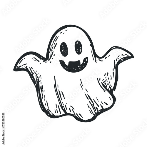 Hand-drawn, smiling ghost with a spooky face.