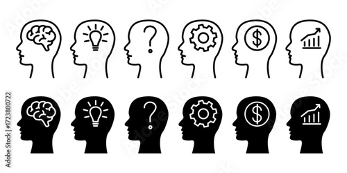 Head icon set. Human head with various thoughts. Business icons. Vector icon isolated on white background.