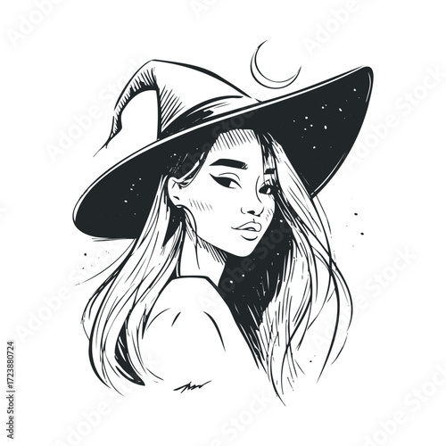 Sketch of a young woman wearing a wide-brimmed witch hat