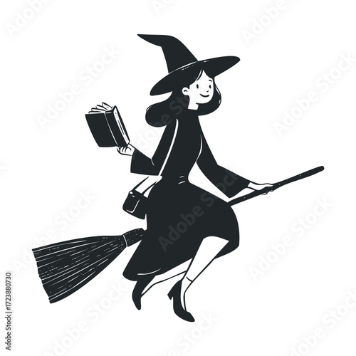 Drawing of a smiling witch flying on a broom