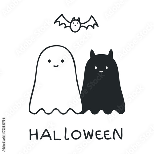  Simple doodle of two ghosts and a bat with "Halloween"