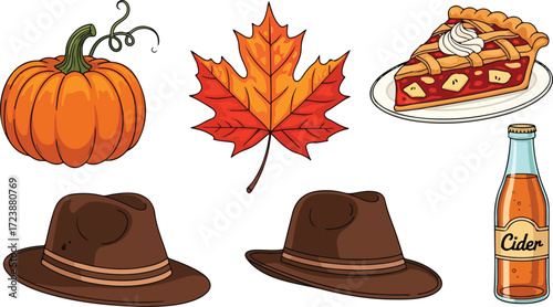 Fall Harvest Celebration Still Life Featuring Pumpkin Maple Leaf Apple Pie Fedora Hats and Apple Cider Representing Autumn Festivities and Seasonal Foods
