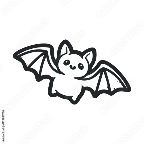 Cute, hand-drawn bat flying with a happy face