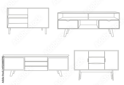 Low living room cabinets and sideboards vector set, classic and contemporary furniture