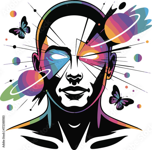 Cosmic Mindscape: A Surreal Portrait of a Head Exploding with Color and Butterflies