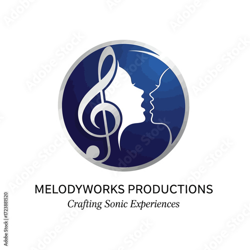 Logo for Melodyworks Productions featuring a treble clef intertwined with two stylized faces, one singing, in silver and blue.