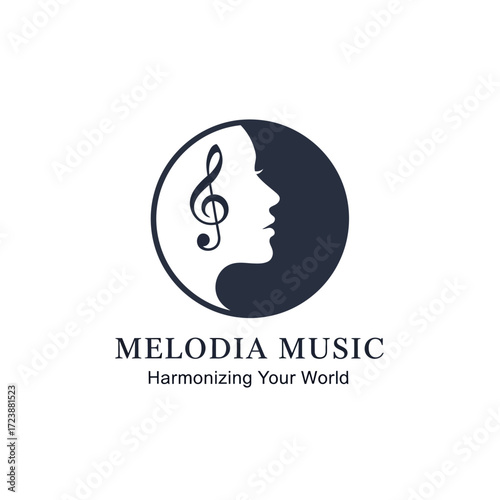 Logo featuring a musical treble clef, a woman's silhouette, and the words Melodia Music.