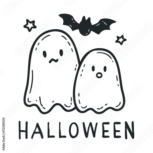 Cute cartoon ghosts, a bat, and the word Halloween