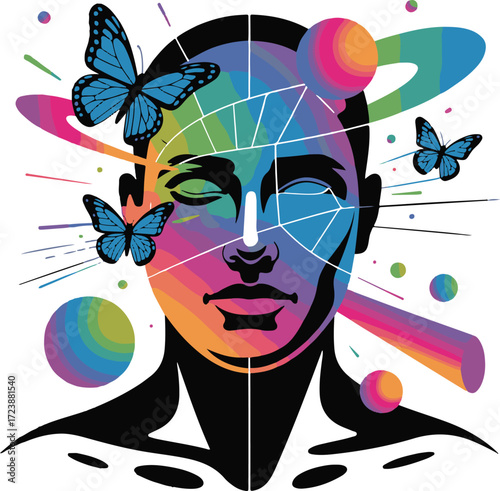 Psychedelic Portrait of a Person with Butterflies and Cosmic Elements