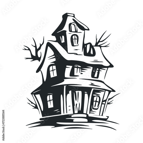 Spooky, dilapidated house with gnarled trees
