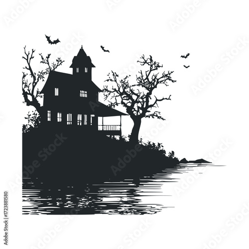 Spooky house silhouette near water with dead trees