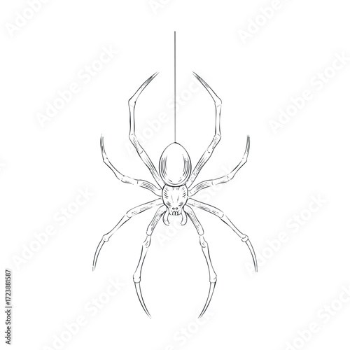 Realistic pencil-style drawing of a spider dangling