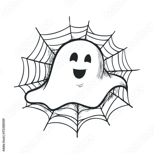 Cute smiling ghost doodle trapped in a cobweb