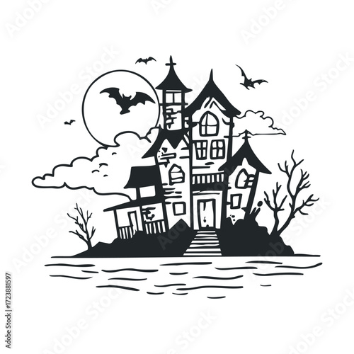 Doodle of a haunted house on a hill at night