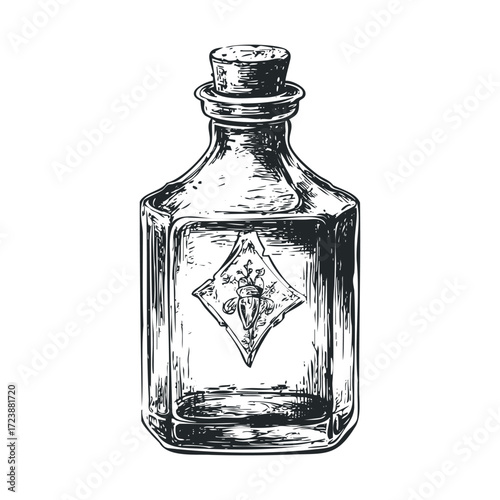  Detailed sketch of a square, corked glass potion bottle.