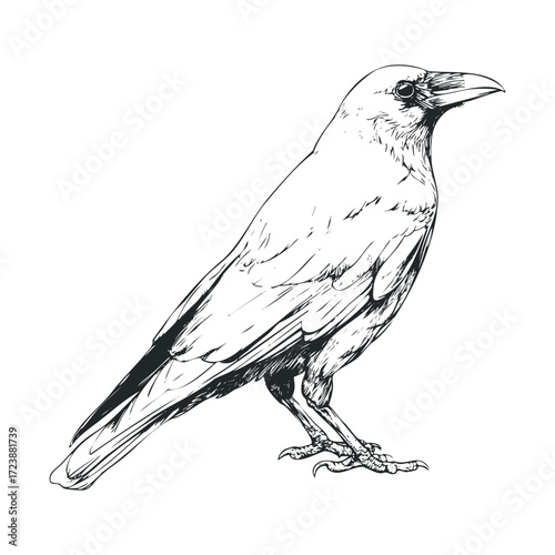 Monochrome drawing of a spooky standing crow or raven.