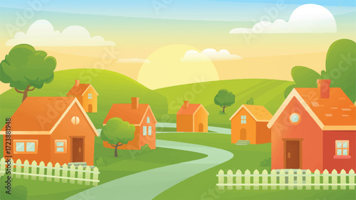 Vector art of charming village scene with houses and rolling hills at sunrise