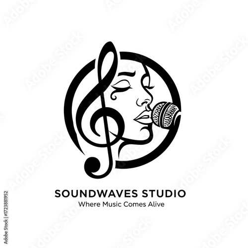 Black and white logo design for Soundwaves Studio, featuring a treble clef, a woman's profile singing into a microphone, and the studio name.