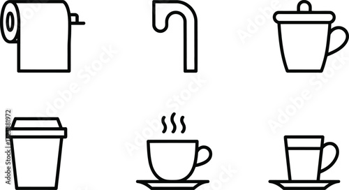 Set of six simple line art icons representing bathroom and coffee shop items