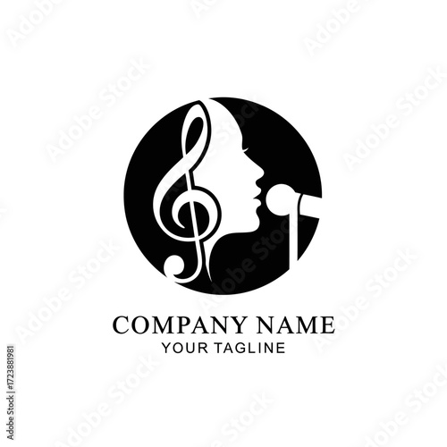 Music logo: singer profile with treble clef and microphone.