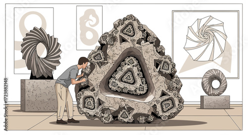 Intricate fractal art exhibition in a modern gallery captivating visitor admiration geometric
