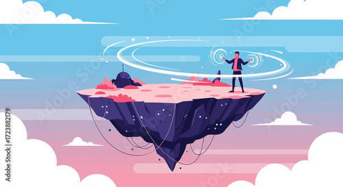 Man controls augmented reality on a floating island in the metaverse landscape