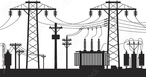 Electric power substation with high voltage transmission towers and distribution poles, vector silhouette for energy infrastructure, utility design, engineering, and industrial projects.