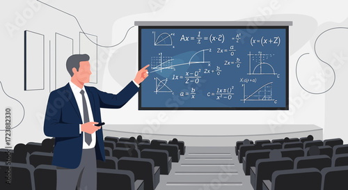 Man Presenting Mathematical Formulas and Graphs in a Lecture Hall Illustration