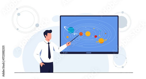 Man presenting solar system planets education illustration vector artwork design