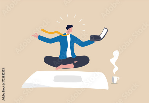 Business guru or expertise, professional advisor or consultant, smart thinking to solve problem concept, genius businessman sitting meditate working with computer laptop floating in the air