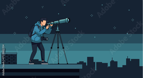Man watching stars with telescope on rooftop at night urban exploration scene