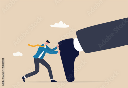 Keep pushing yourself, continue self development or self improve to overcome difficulty and success in business and career concept, confidence businessman pushing big hisself forward with full effort.