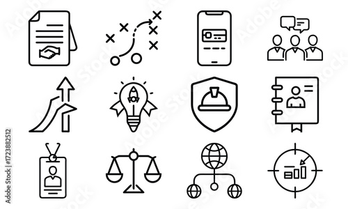 Business Line Icons Collection – Finance, Communication, Analytics, Growth, Partnership, Planning, Certification, Money Investment, and Office Management Vector Set