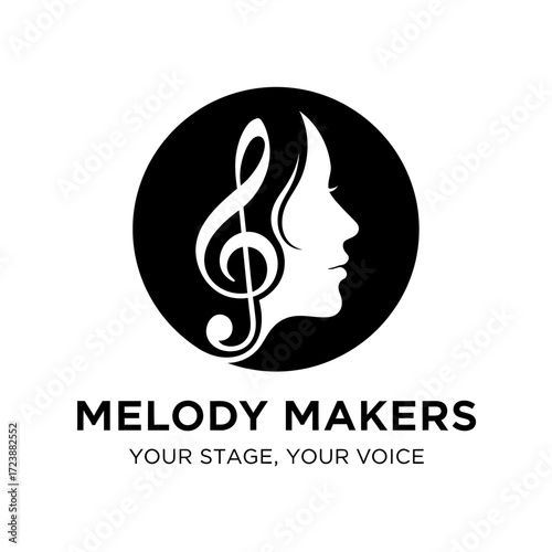 Logo for Melody Makers: Woman's profile with treble clef in a circle.