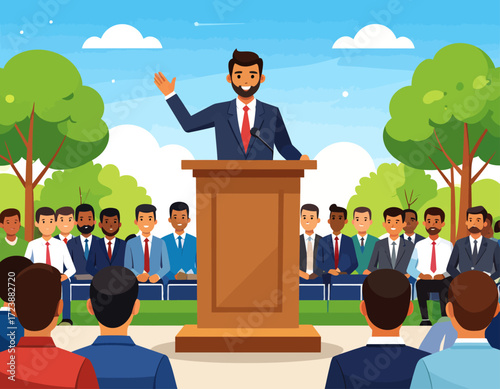 A confident male speaker at a podium, addressing a diverse audience in an outdoor setting, representing public speaking, political events, or a business conference.
