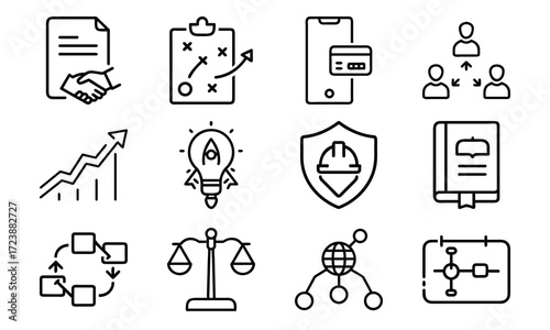 Business Line Icons Collection – Finance, Communication, Analytics, Growth, Partnership, Planning, Certification, Money Investment, and Office Management Vector Set