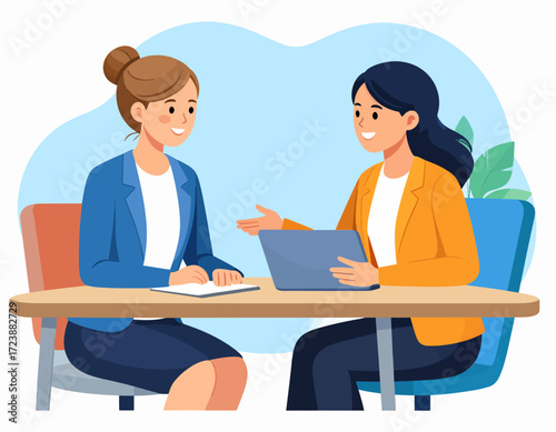 An illustration of two businesswomen having a professional discussion or interview, one using a laptop, symbolizing collaboration, business meetings, and professional communication.